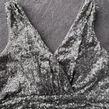 Belle Badgley Mischka Dress Womens 6 Silver Sequin V Neck Evening Maxi Gown