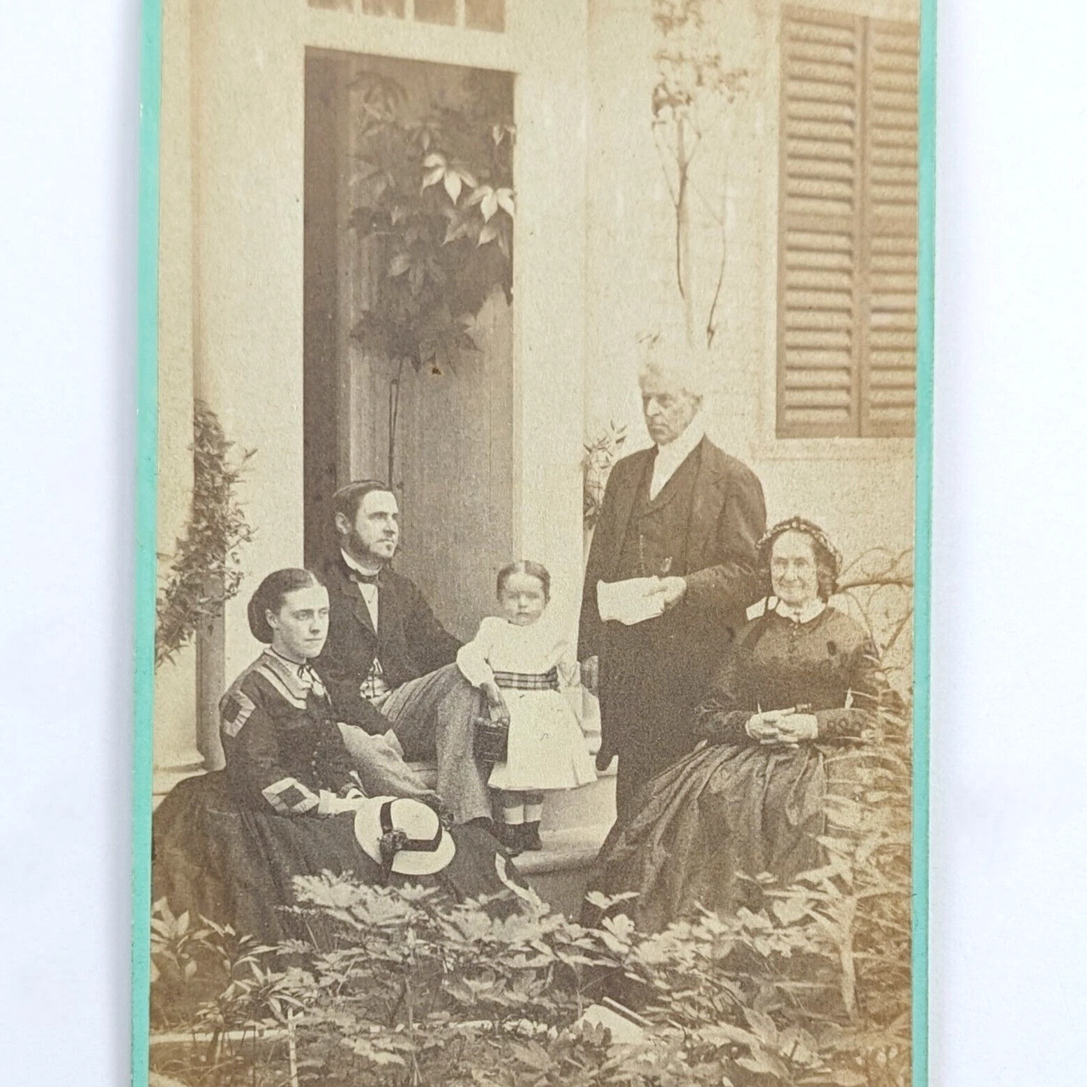 Outdoor CDV Photo Family Portrait Victorian Fashion House Plants