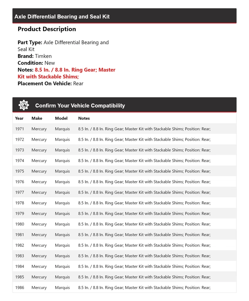 Kit de cojinete y sello diferencial eje Mercury Marquis 1971-1986 Timken trasero Foto 2 de 3