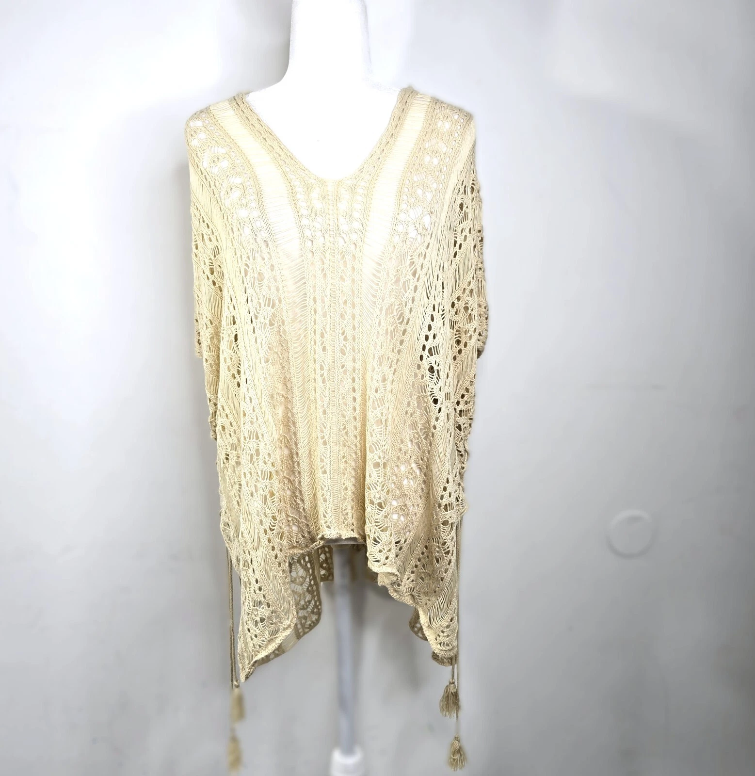 Fringed Open Work Crochet Poncho Cover Up Canary Yellow Beachy Boho Hippie Retro