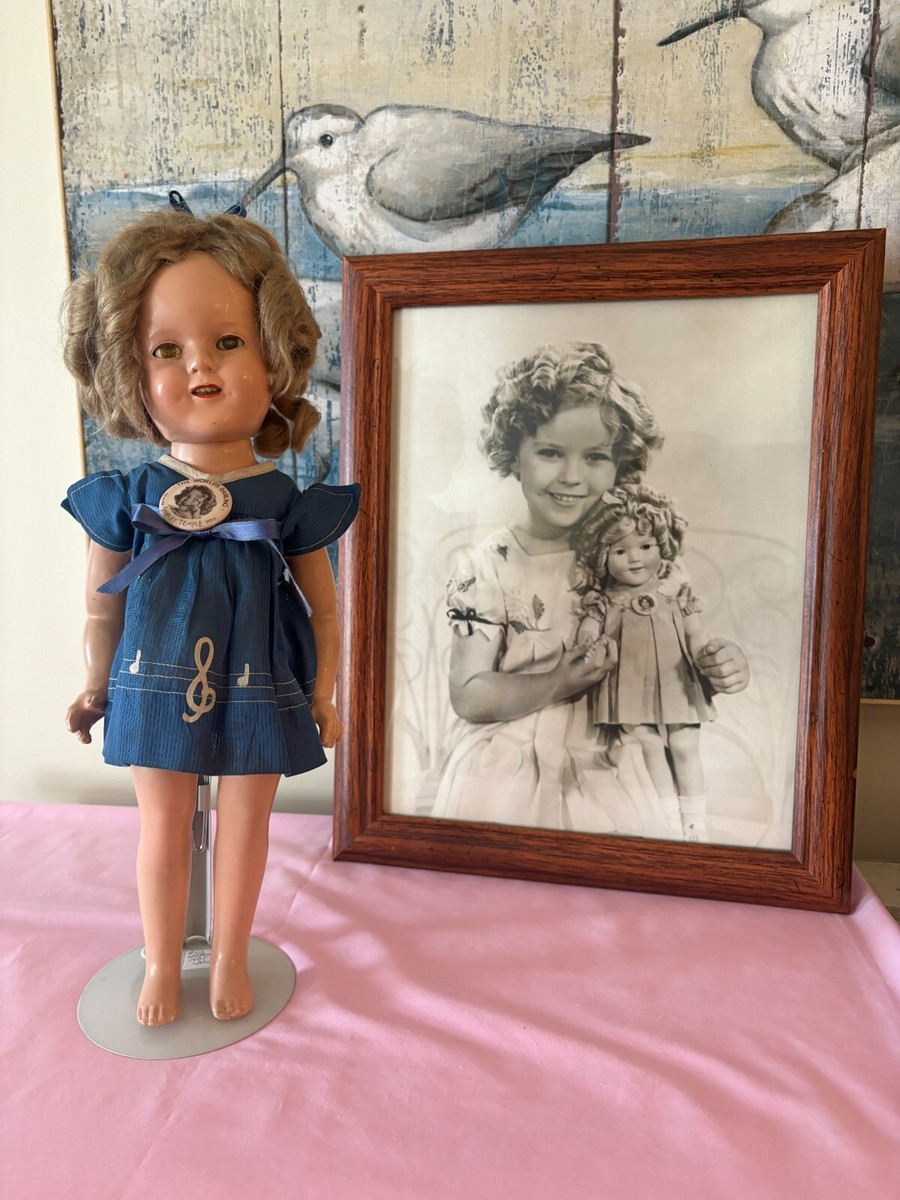 1930s 16 IN SHIRLEY TEMPLE DOLL W/ BLUE MUSIC NOTE DRESS, CHEMISE
