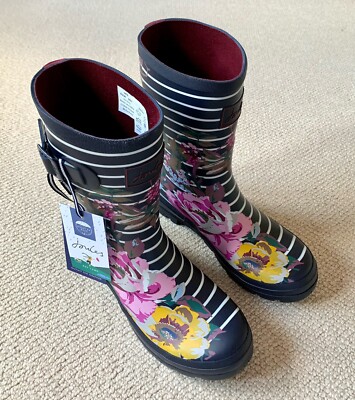 New Womens Joules Navy Floral Stripe Printed Mid Height Wellies