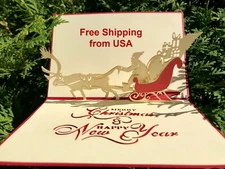 3D Pop Up Greeting Card Merry Christmas Handmade Santa Reindeer Sleigh Holidays