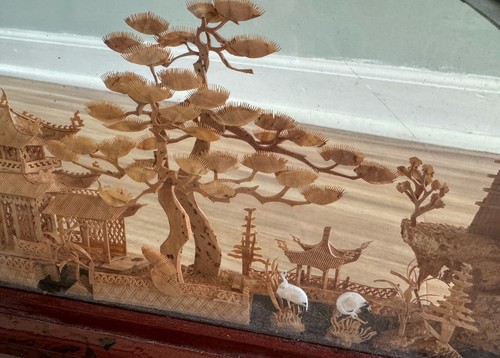 Antique Chinese Cork Wood Engraved Scene Artwork Lacquer Handcrafted VTG Asian - Picture 2 of 9