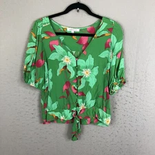 Rose Olive Top Womens Small Green Pink Floral Hawaiian Tropical Boho Beach