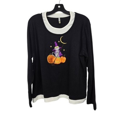 Vtg 90s Halloween Embroidered LS Top Womens XL Black Witchy Cat Pumpkins Spooky