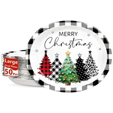 50 Pcs Christmas Paper Plates Disposable, 10" X 12.5" Heavy Duty Oval Christm...