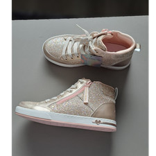 Skechers Girls Glitter High Top Sneakers Gold Pink White with Heart Accent