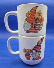GNOMES & FLOWERS 2 Stackable Stoneware Mugs Speckled White w/Brown Interior 14oz