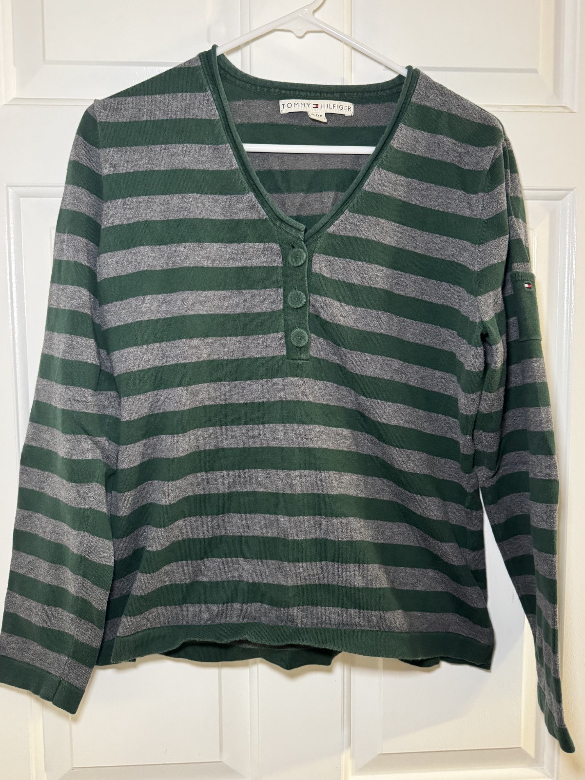 Women's Tommy Hilfiger Green/Gray Striped Long Sleeve Blouse Size XL Cleaned