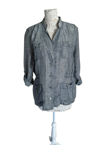 Chico's Sheer Gray Striped Button Up Peplum Lightweight Linen Jacket size Large - Picture 1 of 7