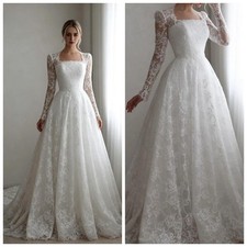 A-line Bohemian Applique Lace Wedding Dress Long Sleeved Square Neck Bridal Gown