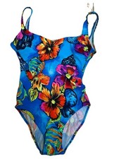 Vintage Tropical Floral Seashell Swimsuit Size 8 Bold Blue Made USA - Cazimi