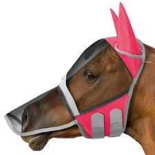 Comfort Fly Mask with Ears and Long Nose for Horses (Pink, Pony) - Fleece Pad...