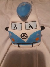 Ceramic VW Camper Van Money Box Blue White Coin Bank Retro