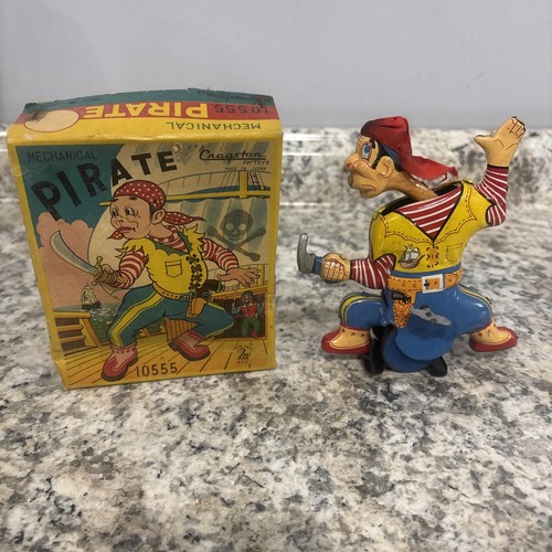Vintage Tin Litho Toy Mechanical Wind-Up Pirate Mikuni Made In Japan W Box