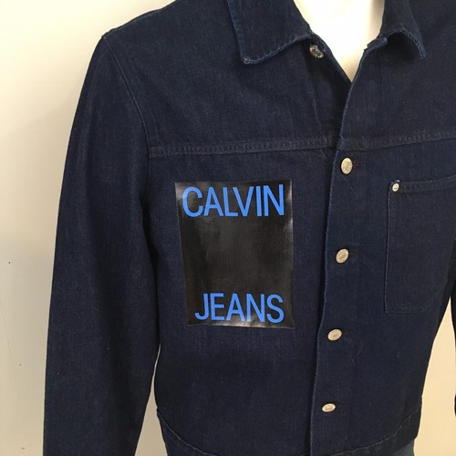 Calvin Klein Full Button Jean Denim Jacket Men’s L Dark Blue Indigo Trucker Logo - Picture 2 of 10