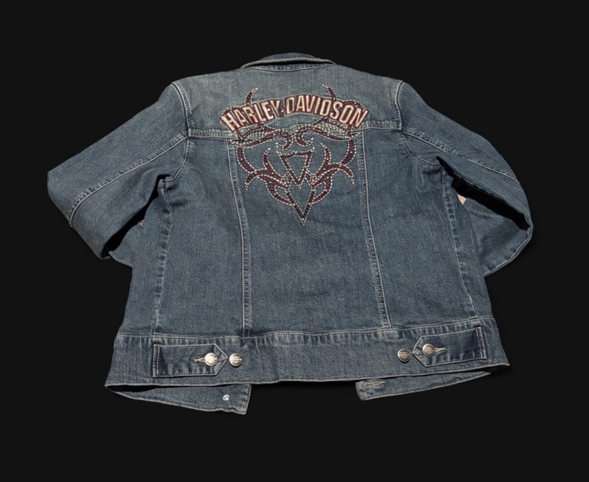 Vintage Genuine Harley Davidson Embroidered Size Medium Blue Denim Biker Jacket