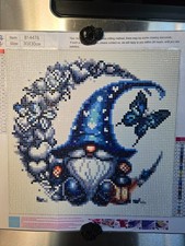 30x30cm Completed Diamond art Blue Gnome on Heart Moon with Lantern and Butterfl