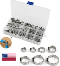 100PCS Assorted Hose Clamps Stainless Steel Ear Cinch Rings Crimp Pinch Kit USA