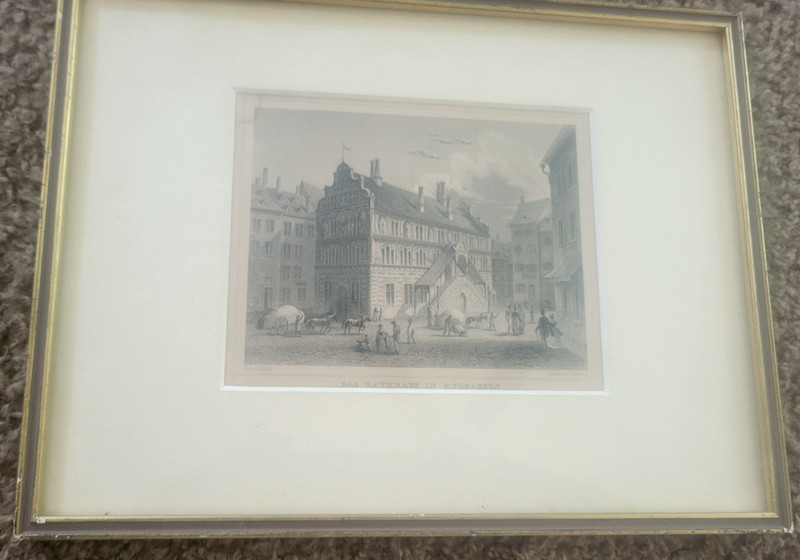 VTG FRAMED PHOTO PRINT "RATHAUS VON MUEHLHAUSEN" WITH LETTER TO CONSUL HARLAN