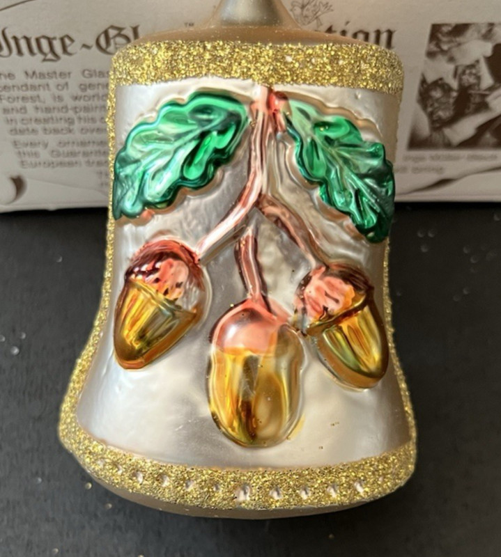 AWESOME Vtg. 1984 German BELL W/ACORNS Glass Xmas Ornament Box Certificate MINT