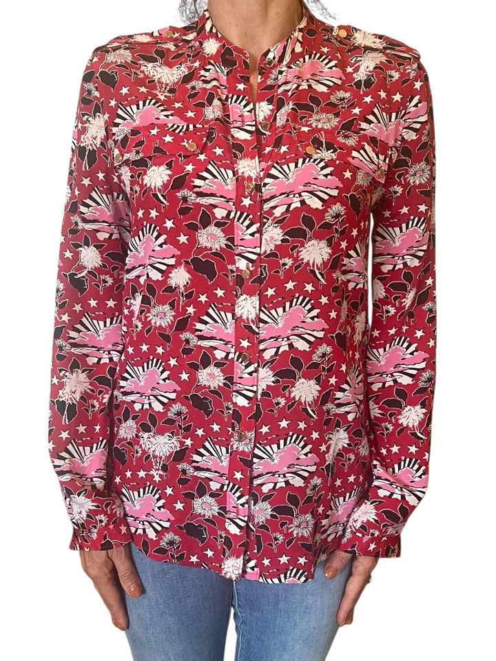Blusa JUICY COUTURE Roja Seda Boho Camisa Estampado Floral Utilitaria Manga Larga 2 Foto 4 de 4