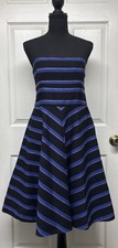 $395 HALSTON HERITAGE Women Striped Mini Dress Blue Black Strapless Fit Flare 12