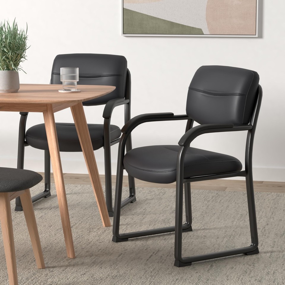 Leather Sled Base Side Chair with Arms in Black 751118951905| eBay