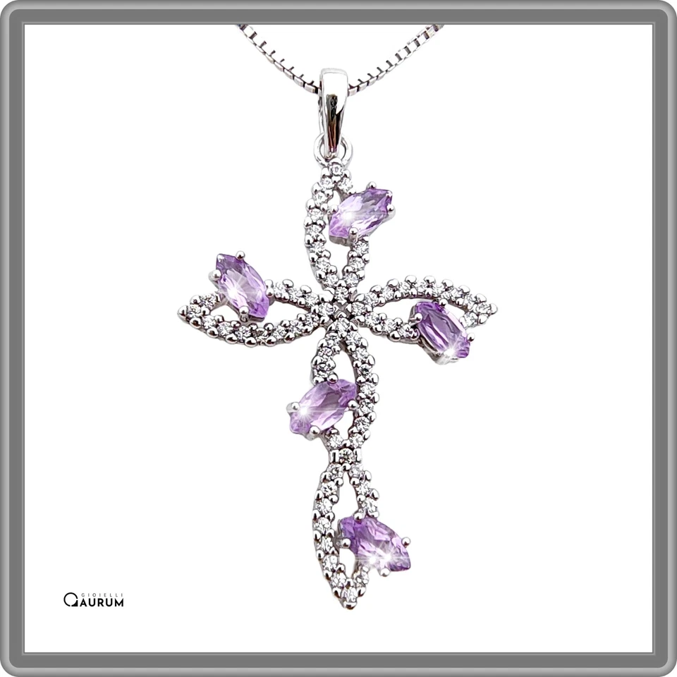 Collana in argento 925 Croce Pendente con Ametista girocollo da donna religioso - Immagine 2 di 4