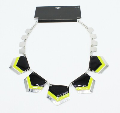 New Silver Tone Statement Necklace with Black & Lime Enamel Accents NWT #N0001