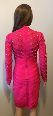 WOW Gold Label Couture Studded Bandage Hot Pink Long Sleeve Dress Size S |  eBay