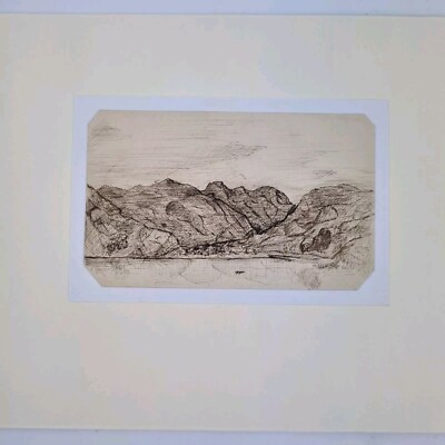 Antike Federstudie Berglandschaft ''Aden'' aus dem 19. Jahrhundert