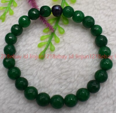 Natural 8mm Faceted Multicolor Jade Round Gems Beaded Black Pearl Bracelet 7.5in
