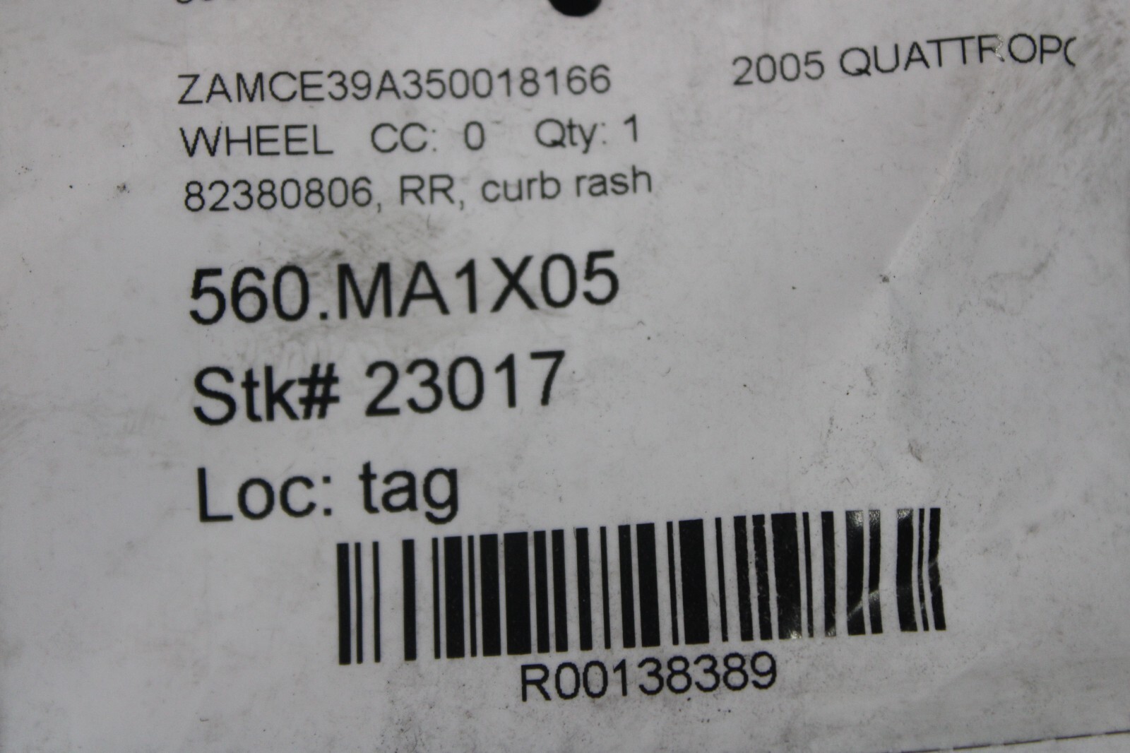 Maserati Quattroporte, Rear Wheel, Curb Rash, Used, P/N 82380806