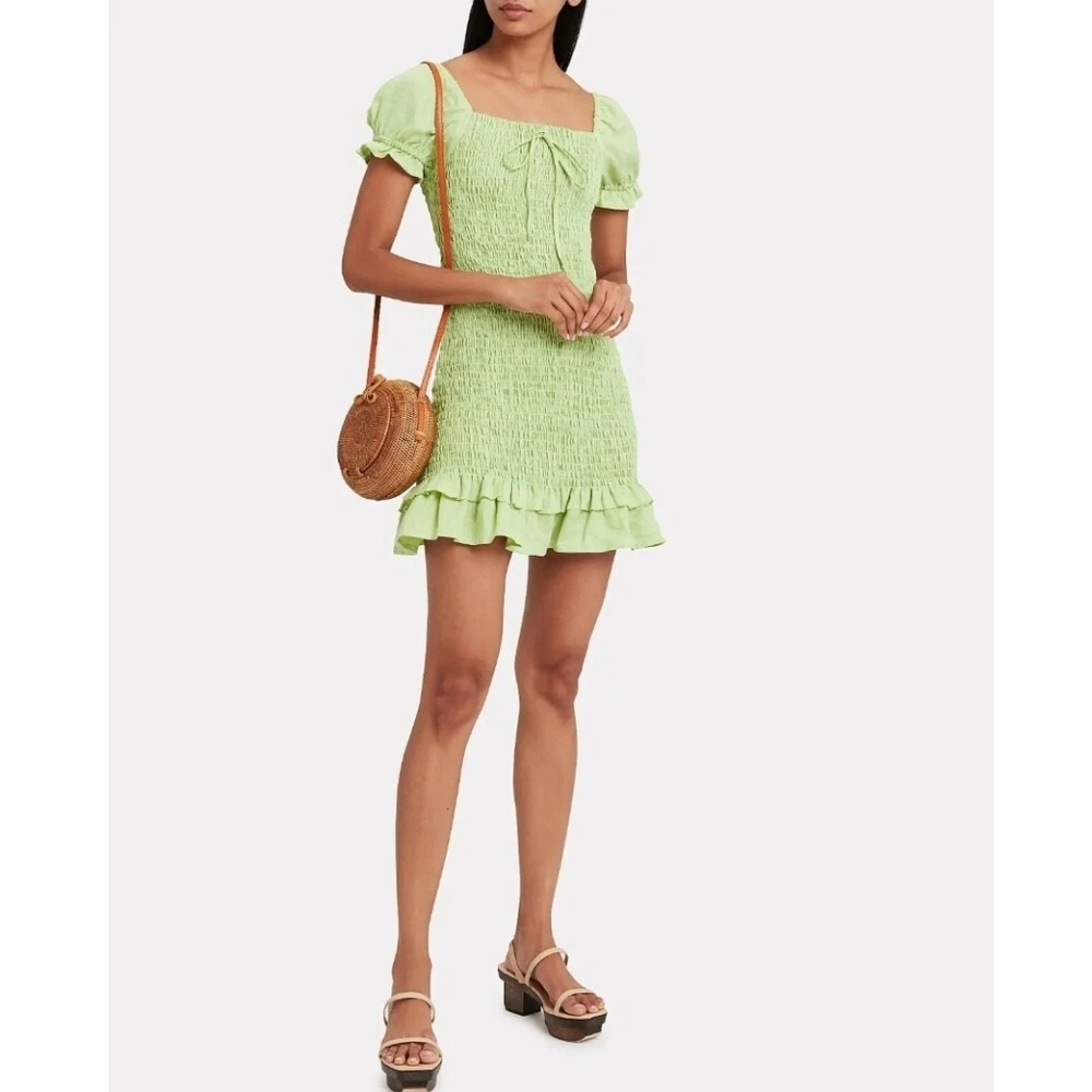 FAITHFULL THE BRAND Lime Green Cette Smocked Linen Mini Dress Size Small/US  4