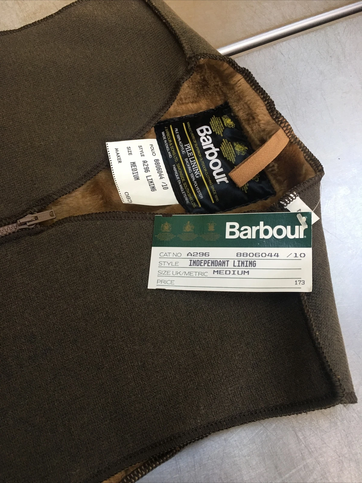NWT Barbour Vintage Mens M 42in Independant Pile Liner Waxed Jacket Lining