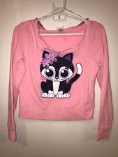 Justice Sweatshirt Girls 12 Pink Long Slv Glitter Cat Boat Neck Raw Hem Flaws
