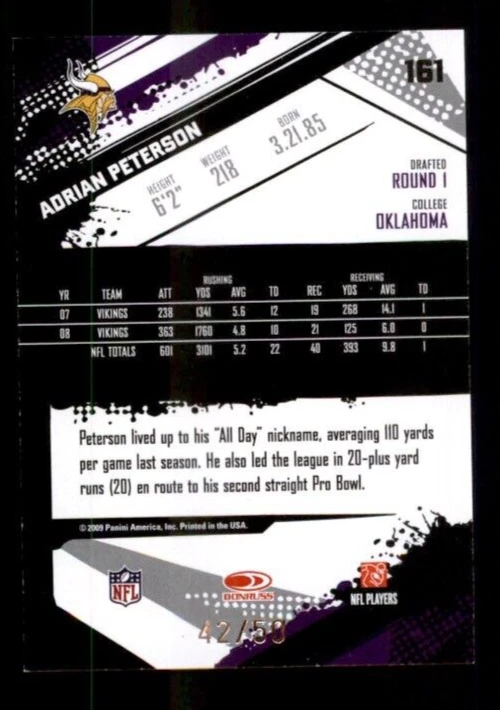 2009 Score Inscriptions Gold Zone #161 Adrian Peterson 42/50 - Image 2 of 2