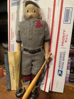 Genuine Steiff Jointed BASEBALL PLAYER stuffed doll 873,certificate no box, 16''