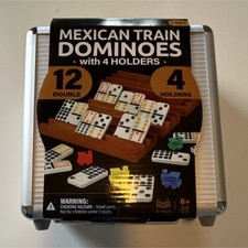 Queensell Mexican Train Dominoes Set with 4 Holders, Wooden Hub, Train Pieces
