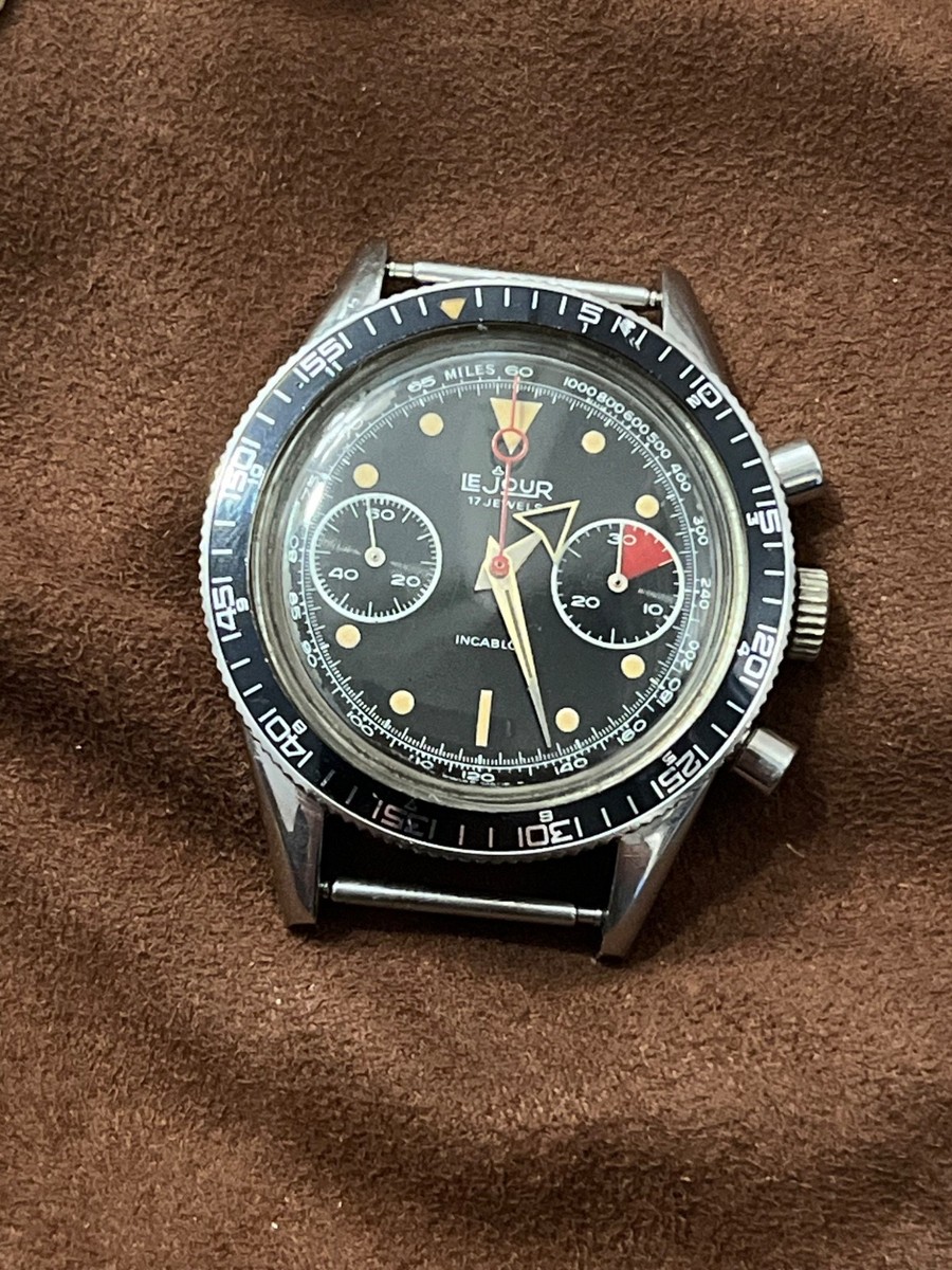Rare vintage 60s Lejour Chronograph, broad hands, lollipop valjoux