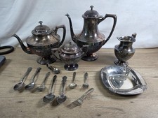 Vintage Lot Of Crescent Silver Plated Decor Teapots & Cups W/ Silverware