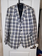 Tommy Hilfiger Blazer Mens Sz 44L Plaid Blu Wht Yellow Cotton Sport Coat Jacket 
