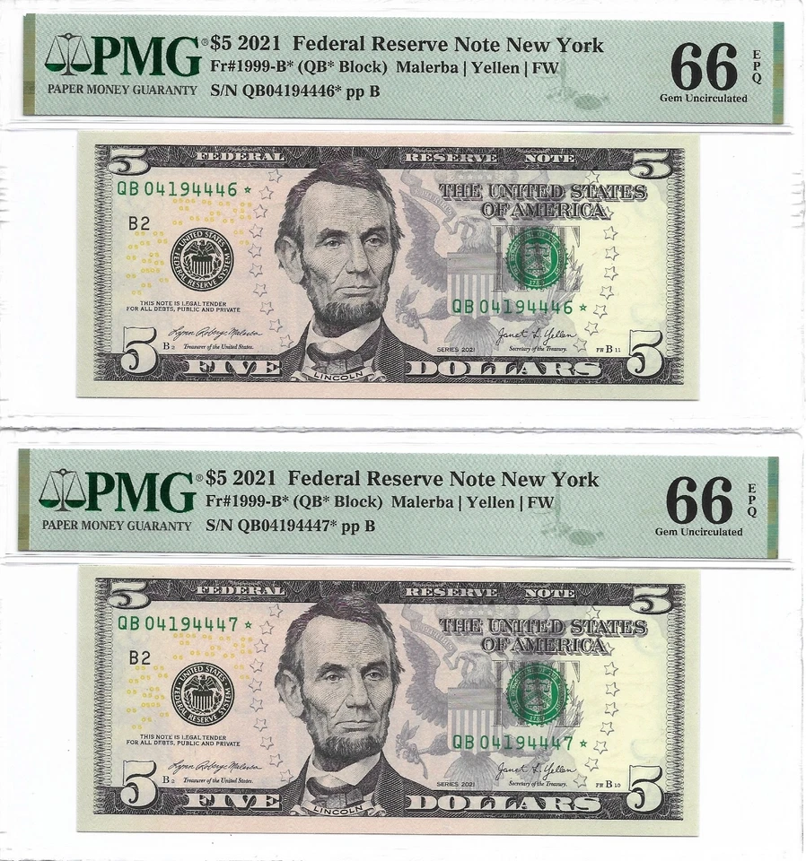 2021 $5 NEW YORK * STAR * ⭐️ FRNs. 4 PMG GEM Uncirculated 66 EPQ Banknotes. - Image 2 of 4