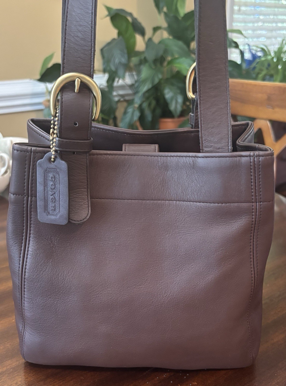 COACH Vintage  90's Brown Leather Shoulder Brass Buckled Double Handle image 2