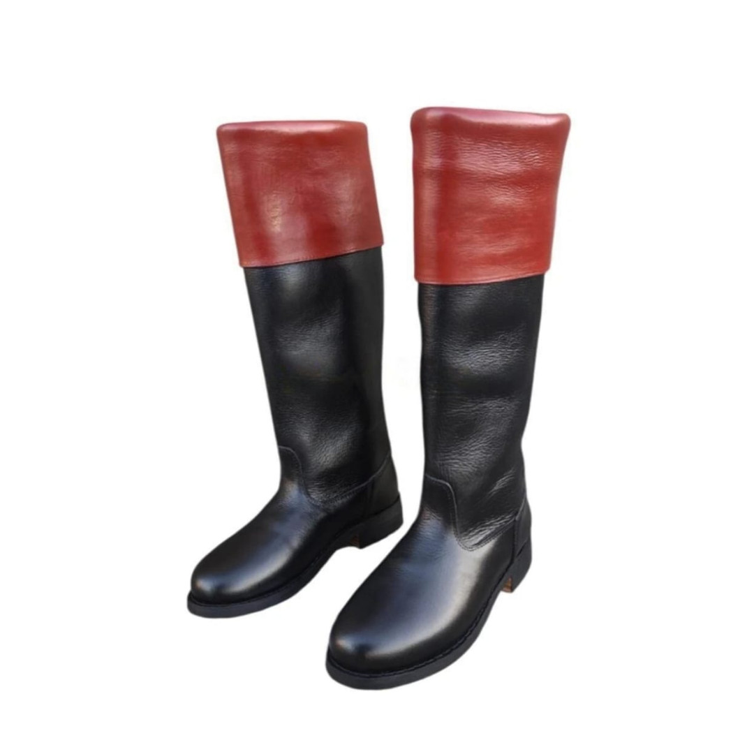 Men’s Black Reddish Brown Leather Knee High Riding Boots Medieval Pirate Costume