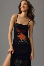 Farm Rio Anthropologie Slim Fringe Maxi Dress Jersey Slip Black Cotton Sun S NEW