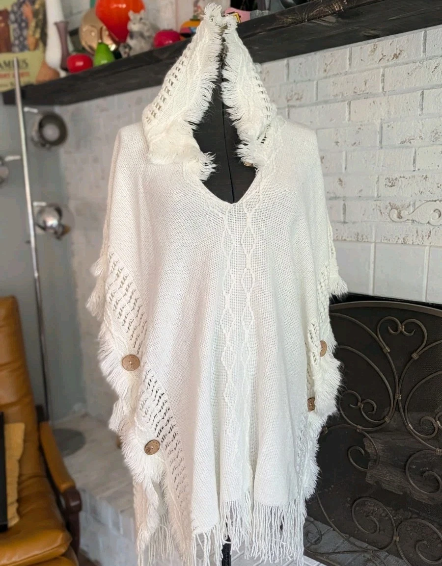 White Knit Poncho Fringed Hooded