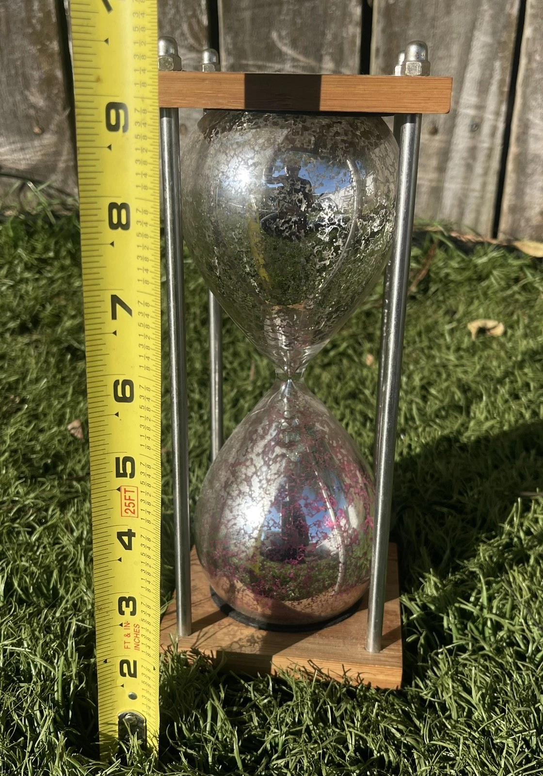 Modern Blown Glass Metal Shimmer Hourglass Timer Wood Stand 9” Numbered Art